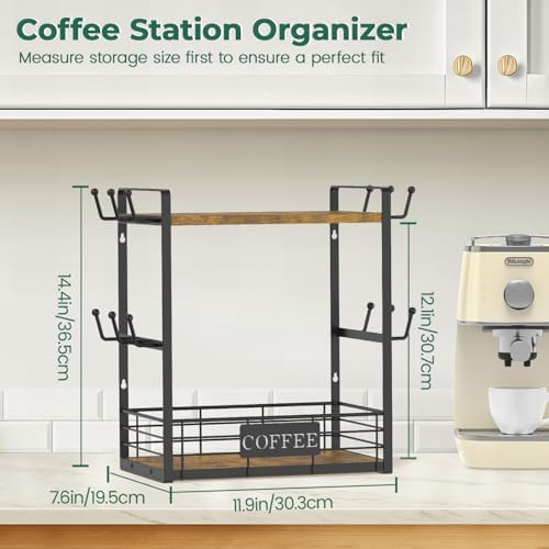 EsLuker.ly Coffee Mug Cup Holder Tree Bar Station Organizer, 2 Tier Mug Stand Rack for Countertop Kitchen, Storage Tower Display Shelf with 12 Hooks, Coffee Nook Enhancer, Vintage Brown Black - Image 2
