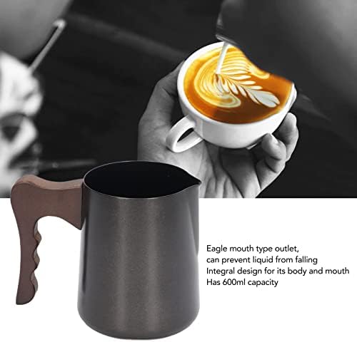 Milk Frother Pitcher, 600ml Stainless Steel Milk Frothing Pitcher Jug with Beech Handle Eagle Mouth Outlet Milk Steaming Pitcher for Home Cafe (Brown Handle) - Image 3