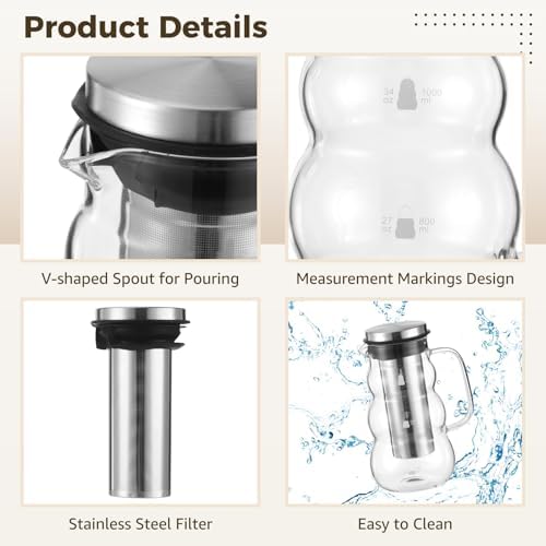 Cold Brew Coffee Maker, 34 oz Heat Resistant Borosilicate Glass Pitcher with Measurement Marks, Iced Coffee Maker with Stainless Steel Filter, Silicone Sealed Lid, 1000 ml Capacity - Image 3