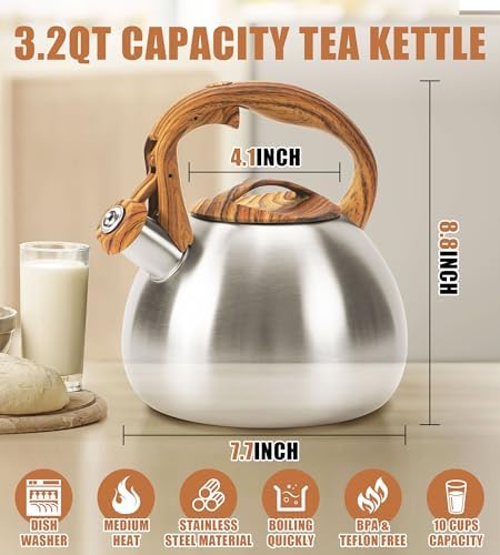 3.2Qt Stainless Steel Whistling Tea Kettle Stovetop, Silver - Image 2