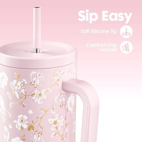 Meoky UV Color-Changing Tumbler: 40 oz Tumbler with Handle and Straw- Stainless Steel Insulated Tumbler for Car Cup Holders - Adults Women (1 Pack, Rose Manor) - Image 5