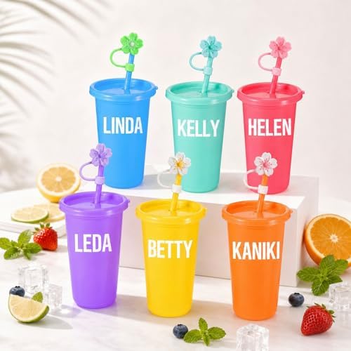 Reallnaive 12 Pack Plastic Party Cups with Lids and Straws 14 oz Reusable Bulk Tumblers Reusable Cups with Lids with Letter Sticker and Straw Cap for Birthday Holiday Events Party Decoration Supplies - Image 4