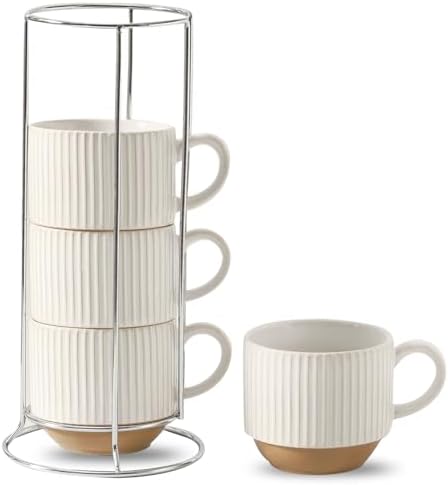 HASENSE 15 oz Ribbed Stackable Ceramic Coffee Mug Set of 4, White & Light Brown Cups with Metal Holder, Dishwasher & Microwave Safe for Cappuccino Tea Hot Cocoa, Wedding Housewarming Gifts by Hasense