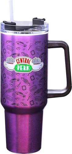 Spoontiques Friends Stainless Steel Travel Mug, 40oz - Double Wall Insulation, Sturdy Handle, Sliding Lock Travel Lid - Central Perk by Spoontiques