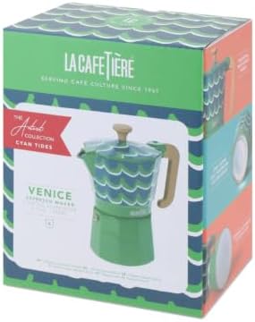 La Cafetière Venice 6 Cup Espresso Maker, 290ml Aluminium Stovetop Coffee Maker with Swirl Design, Gas and Electric Hob Moka Pot with Wooden Handle, Cyan Tides - Image 4