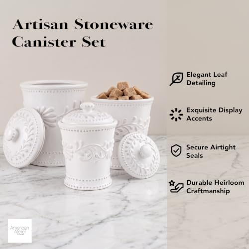 American Atelier Bianca Leaf Canister Set 3-Piece Ceramic Jars in 20oz, 48oz and 80oz Chic Design With Lids for Cookies, Candy, Coffee, Flour, Sugar, Rice, Pasta, Cereal & More, 7x10.25, White - Image 2