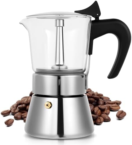 6 Cup 300ml Glass Moka Pot, Stovetop Espresso Maker, Silver by Suiitat