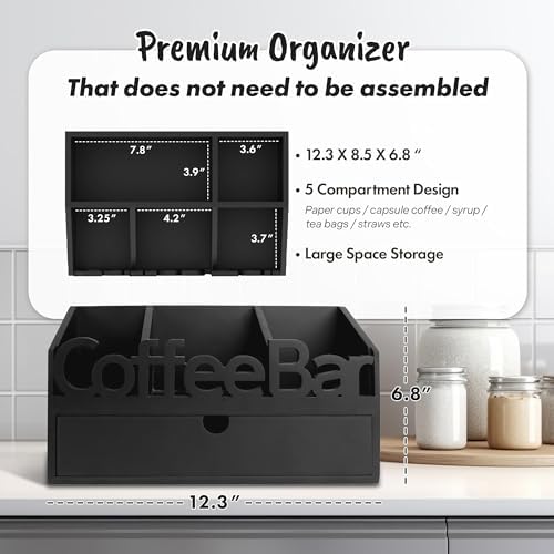 Coffee Bar Organizer Countertop, Wooden Coffee Station with Black Drawer - Image 5