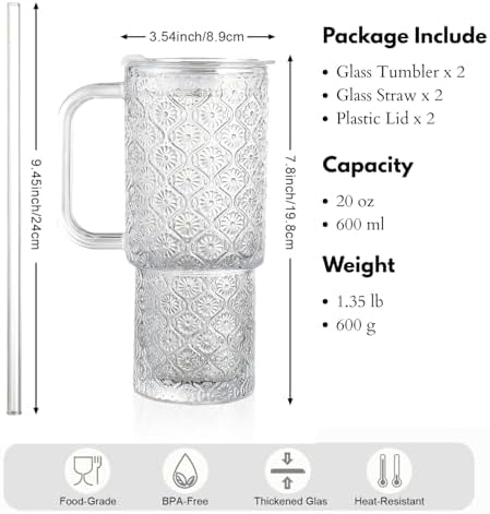 20 oz Glass Tumbler with Lid and Straw, Glass Iced Coffee Cups, Spill-proof Glasses Tumbler with Handle, Hobnail Glasses Drinking Set of 4, Vintage Glassware for Cocktail, Juice, Smoothies - Image 6