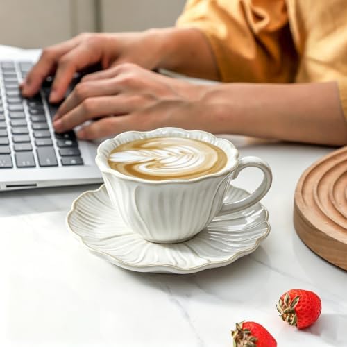 HVH 10 oz Cappuccino Cups with Saucers Set of 4, Cream - Image 2