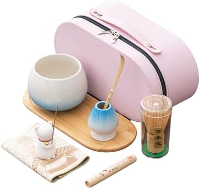 Matcha Whisk Set, Zen Travel Ceremony Kit with Cat Figurine & Incense, 9-Piece Portable Set with Bowl, Bamboo Whisk & Bag (H) by Unknown