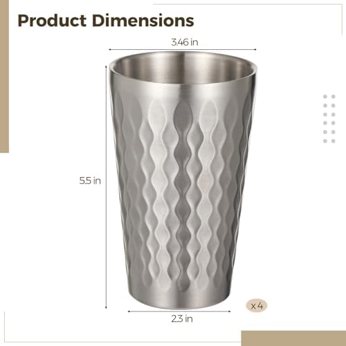 OMISTAR 4 Pcs Stainless Steel Double Wall Cups 15 oz, Korean Hammered Insulated Metal Cup, Unbreakable Stackable Water Tumblers for Beer, Beverage, Parties, Silver - Image 2