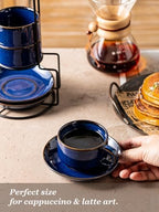 Gomakren 6oz Cappuccino Cups Set of 4 with Saucers Metal Rack, Cobalt Blue - Image 6