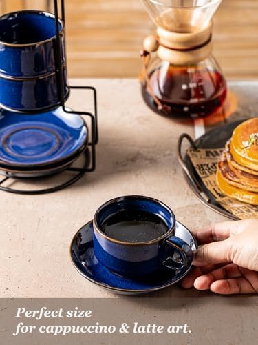 Gomakren 6oz Cappuccino Cups Set of 4 with Saucers Metal Rack, Cobalt Blue - Image 6