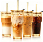 20oz Iced Coffee Cup, Ribbed Glass Tumbler with Straw and Lid by Unknown