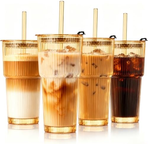 20oz Iced Coffee Cup, Ribbed Glass Tumbler with Straw and Lid by Unknown