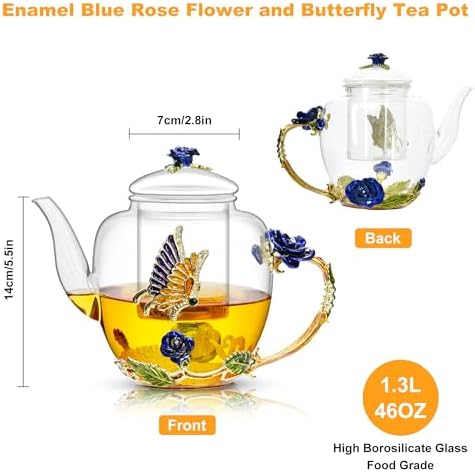46oz/1300ml Enamel Glass Teapot With Rose Flower Butterfly And Gold Edge,Blue Rose Teapot With Infuser And Lid For Mom,Women,Mother,Birthday - Image 6