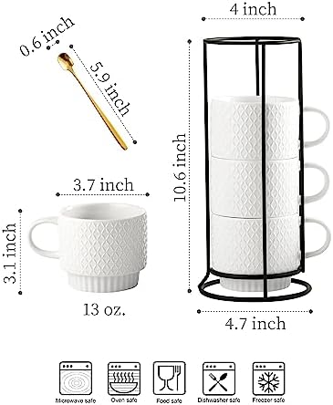 LYEOBOH Stackable Coffee Mugs with Rack, 13 oz Ceramic Coffee Mug Set of 4 with Stand, Latte Cup with Spoon, Cappuccino Cups for Hot Cocoa, Milk, White - Image 2