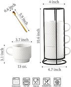 LYEOBOH Stackable Coffee Mugs with Rack, 13 oz Ceramic Coffee Mug Set of 4 with Stand, Latte Cup with Spoon, Cappuccino Cups for Hot Cocoa, Milk, White - Image 2