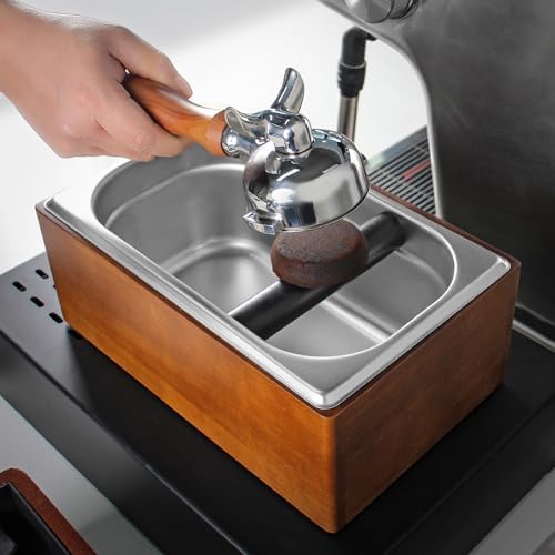DIBTSA Knock Box Espresso, Coffee knockbox with Rubber Knock Bar and Anti-slip Pad, Commercial Use Large Capacity, Stainless Steel and Wooden, Espresso Accessory - Image 2