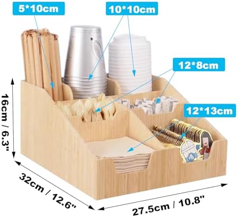 Coffee Station Organizer for Counter, Wood Coffee Pods Holder Storage Basket, Tea Condiment Storage Organizer, Rustic Wood Bar Decor for Accessories,Bamboo 01 - Image 2