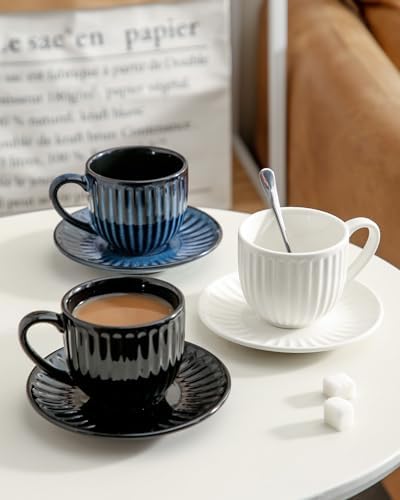 Hasense Ceramic Cappuccino Cups and Saucers - 8 Oz, Large Ribbed Latte Cups Set of 4 for Coffee,Tea,Latte and Macchiato, Demitasse Cups Set Aesthetic Gifty, White - Image 5