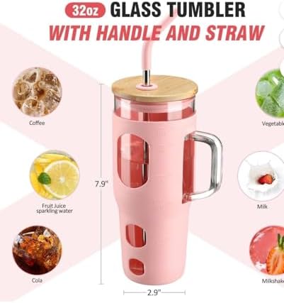 32oz Glass Tumbler with Handle and Straw, Bamboo Lid, Silicone Sleeve, Reusable Iced Coffee Cup for Travel, Home, Office (pink) - Image 2