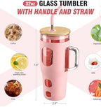 32oz Glass Tumbler with Handle and Straw, Bamboo Lid, Silicone Sleeve, Reusable Iced Coffee Cup for Travel, Home, Office (pink) - Image 2
