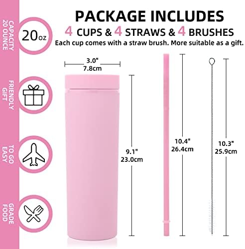 Volhoply 20oz Plastic Skinny Tumblers Bulk 10 Pack,Double Wall Tumbler with Lid and Straw,BPA Free Matte Acrylic Iced Coffee Cups with Straw,Reusable Travel Cute Mug for Party,DIY Gift(Pink, 10 Set) - Image 3