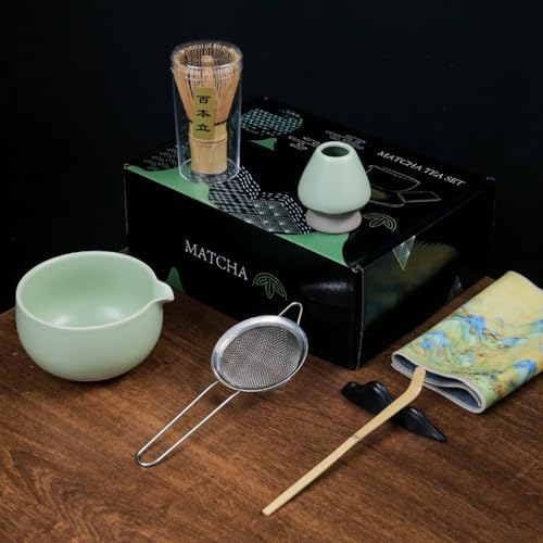Green Japanese Matcha Tea Set of 7 Ceremony Matcha Kit with Matcha Bowl(Chawan) with Pouring Spout, Matcha Whisk (Chasen), Scoop (Chashaku), Ceramic Whisk Holder, Scoop Stand，Sifter,Tea Napkin by Auerhceram