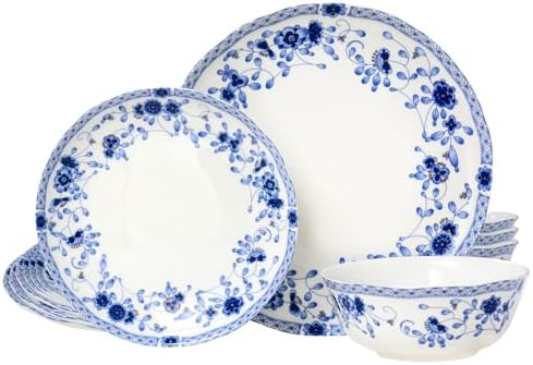 Fine Bone China Dinnerware Set, 12-Piece Blue and White Porcelain Dinnerware Set, Plates and Bowls Sets, Service for 4(Blue A) by LEPOTOCLO