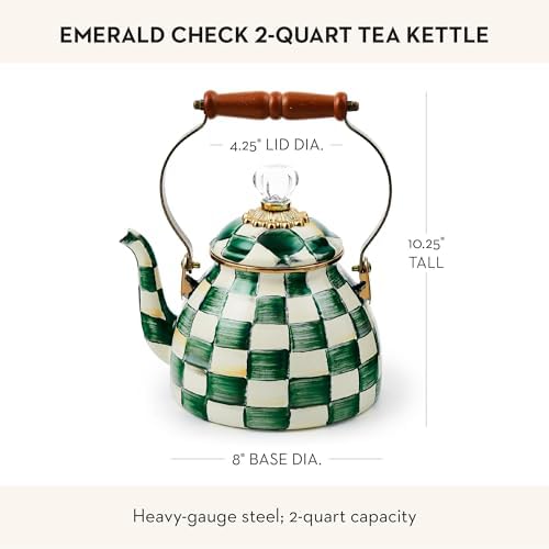 MACKENZIE-CHILDS Tea Kettle, 2 Quarts, Green-and-White Emerald Check - Image 4