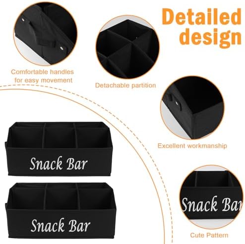 2 Pack Snack Organizer for Countertop With Handles - 6 Compartment Box Basket, Bar Station, Kitchen Cabinet Pantry Storage - Black - Image 2