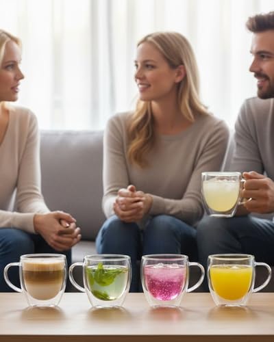 Glass Coffee Cups Set Of 6 - 8.5oz Double Walled Glass Coffee Mugs with Handle,Clear Insulated Borosilicate Glass Mug,Suitable for Cappuccino,Tea,Latte,Hot Beverage and Wine (6 Pack 8.5oz +6 Spoons) - Image 2
