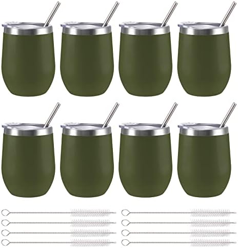 12 oz Insulated Wine Tumbler with Lid and Straw,Stainless Steel Stemless Wine Tumbler Glasses Double Wall Vacuum Wine Cups Tumbler Bulk for Champaign,Cocktail,Office(Navy Green,8) by FristChoice