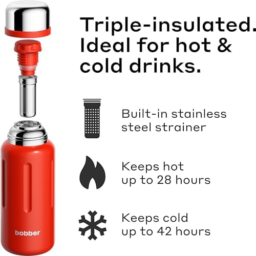 BOBBER 26 oz Stainless Steel Heavy Duty Thermo Flask with Removable Tea Infuser – Keeps Hot 28 Hours, Cold 42 Hours – Rugged, Leak-Proof, Dishwasher Safe Vacuum Insulated Bottle (Red) - Image 2