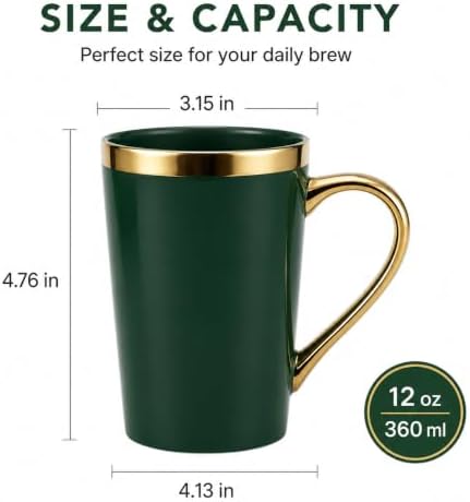Green and Gold Coffee Mugs Set of 6, 12 oz Porcelain - Image 6