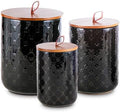 Ceramic Canisters Set, Black, Set of 3, Embossed Pattern by Tenforie