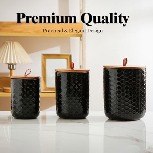 JOJUNO Black Embossed Ceramic Canister 3 Piece with Airtight Bamboo Lid - Image 5
