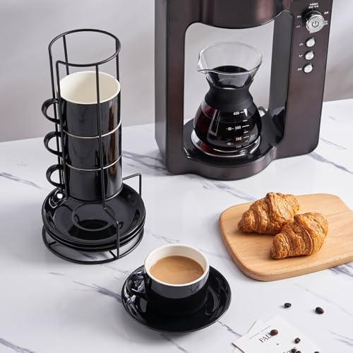 YOLIFE 8 Ounce Porcelain Stackable Cappuccino Cups and Saucers Set of 4 - Image 4