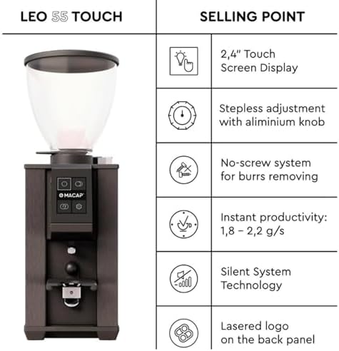 MACAP LEO 55 Touch Burr Coffee Grinder, Chrome – 55mm Flat Burrs, Compact & Quiet, Stepless Micrometric Adjustment, Precision Grinding, Home Espresso Machine Compatible, Touch Screen - Image 2