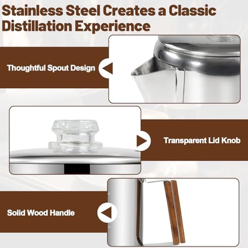 12 Cup Percolator 304 Stainless Steel Coffee Pot Coffee Maker Coffee Machine with Solid Wood Handle Transparent Knob Stovetop Greca Mocha for Induction Home and Camping 2200ml 74.4oz - Image 6