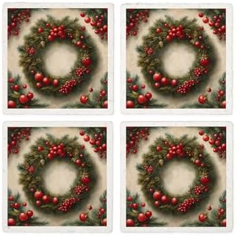 CafePress Very Berry Wreath Tumbled Stone - Set of 4 Coasters Set of 4 w/holder - Image 4