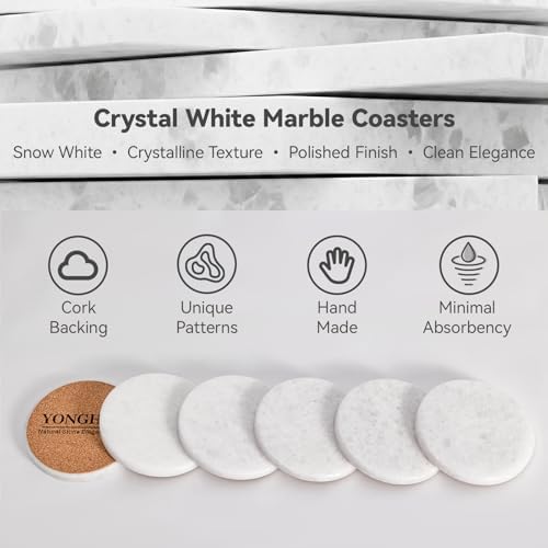 Pure White Marble Coasters Set of 6, Elegant ICY Crystal Coasters for Coffee Table, 4" Round Polished White Stone Coaster with Sparkling Texture – Heat Resistant, Non-Slip, Housewarming Gift - Image 3