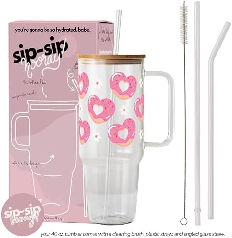 Sip-Sip Hooray! Heart Donut 40oz Glass Tumbler with Lid and Straw - Image 2