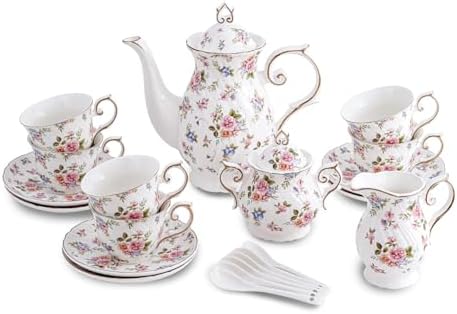 Agyiuns Tea Set 21Pcs ceramic 6 tea cups and saucers, sugar and creamer set,Teapot for Adults,Tea Party (small crushed flower) by Agyiuns