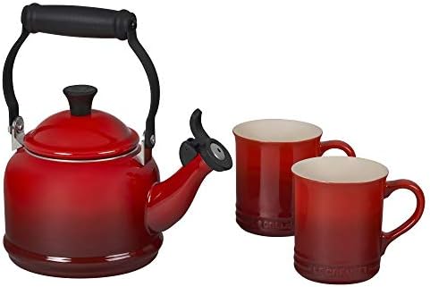 Le Creuset Demi Kettle (1.25 qt.) and 2 Mugs (14 oz. each), Cerise/Black by Unknown