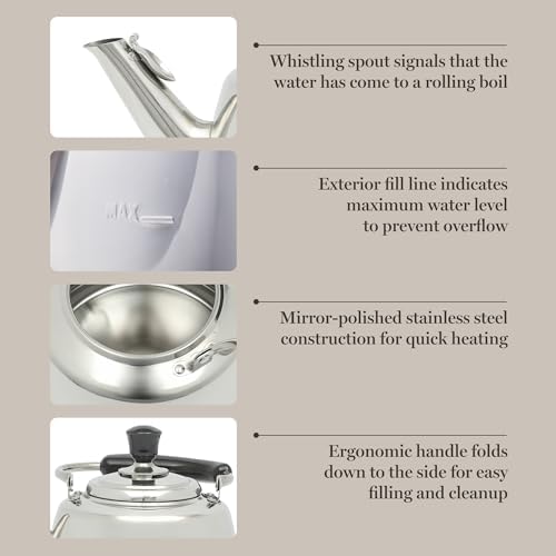 Martha Stewart Kingstree Large 2 Qt Stainless Steel Tea Kettle – Heavy Gauge Durable Whistling Tea Kettle for Stove Top, Easy Pour, Classic Design - Image 4