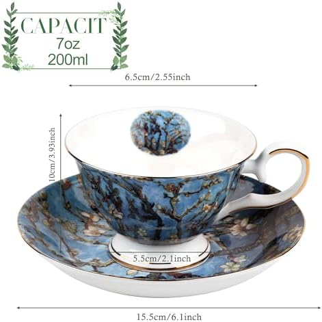 Floral Tea Cups Saucers Set of 2, Bone China 7 oz British Teacups Porcelain Coffee Cup for Rose Tea Cappuccino Espresso Latte (Apricot & Peach Blossom) - Image 2