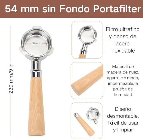 54mm Bottomless Portafilter, Stainless Steel Naked Portafilter for 8 Series Coffee Machines with 54mm Filter Basket, Compatible with 870, 880 (Type Beech Wood) - Image 2